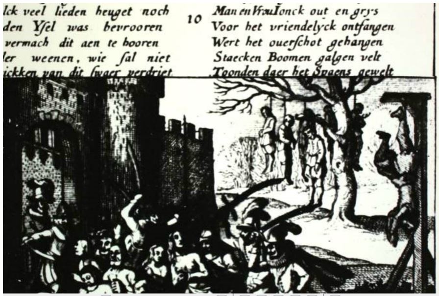 Foto van een gravure uit de ‘Spiegel van de Spaanse Tirannie’. (Uitgave C.H. van der Plasse, Amsterdam 1622.)
