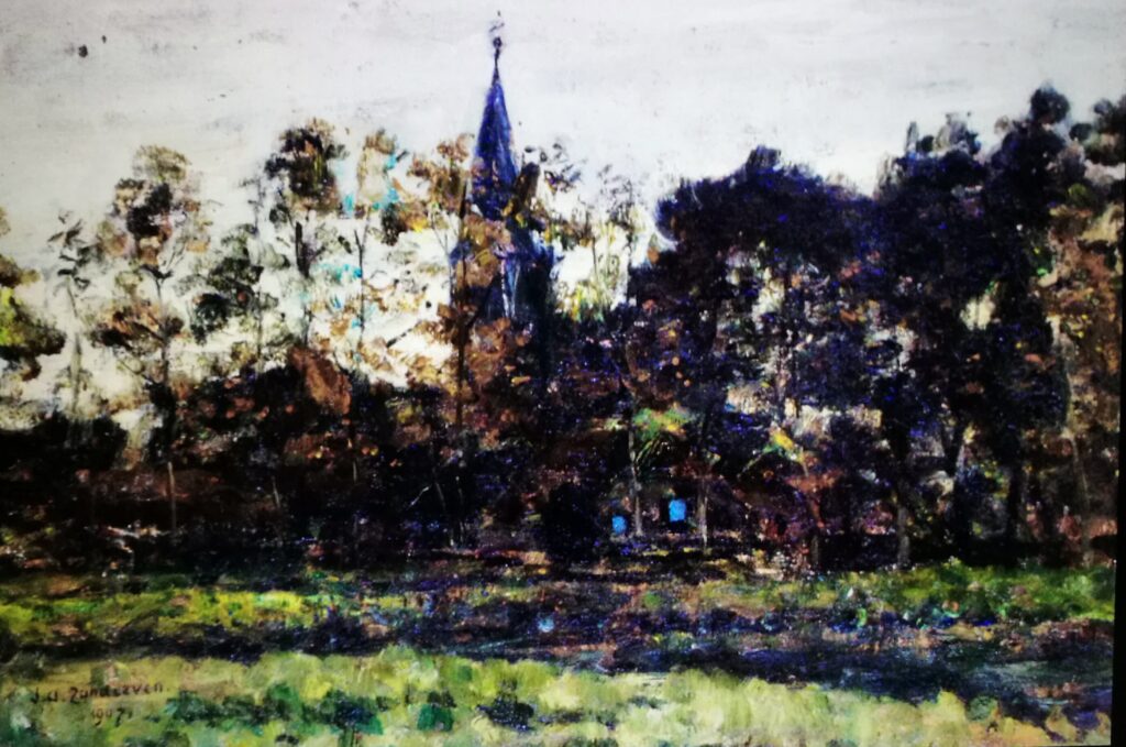 cof Jan Adam Zandleven, Gorssel. ‘Dorpsgezicht met kerk
tussen bomen’, 1907. (Bron: Jan Adam Zandleven-museum)