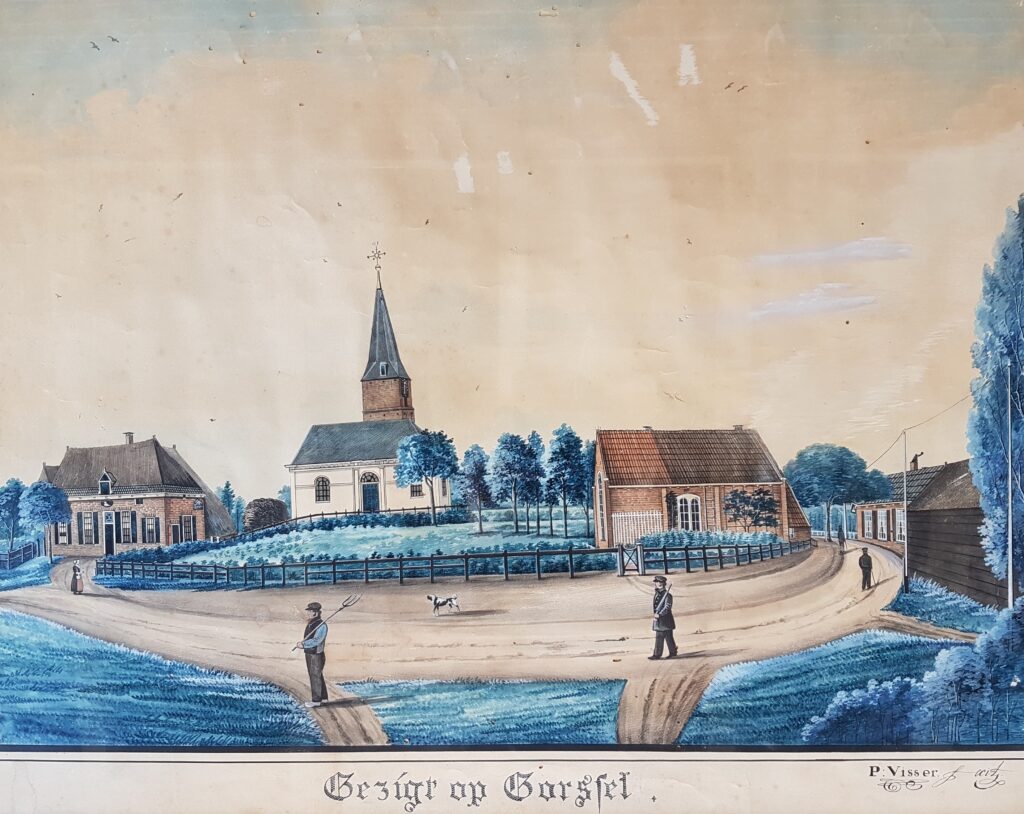 Peter Visser,  Doetinchem. ‘ Gezigt op Gorsel’ , 
ca. 1850.	Rechts de kosterie/school, links	de bakkerij. (Dit werk hangt in de kerk, in het Brinkgebouw)	