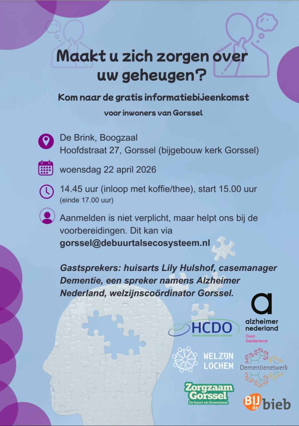 Woensdagmiddag 22 april informatiebijeenkomst over het geheugen